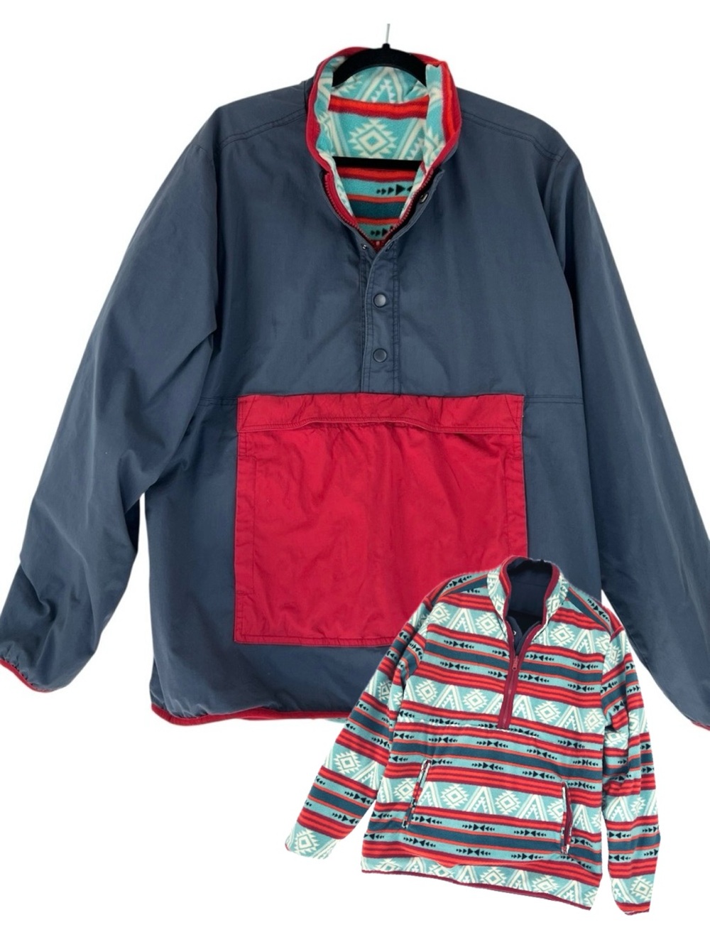 Stoic Reversible Fleece Pullover Jacket Aztec Southwest Sz L Blue Gorpcore